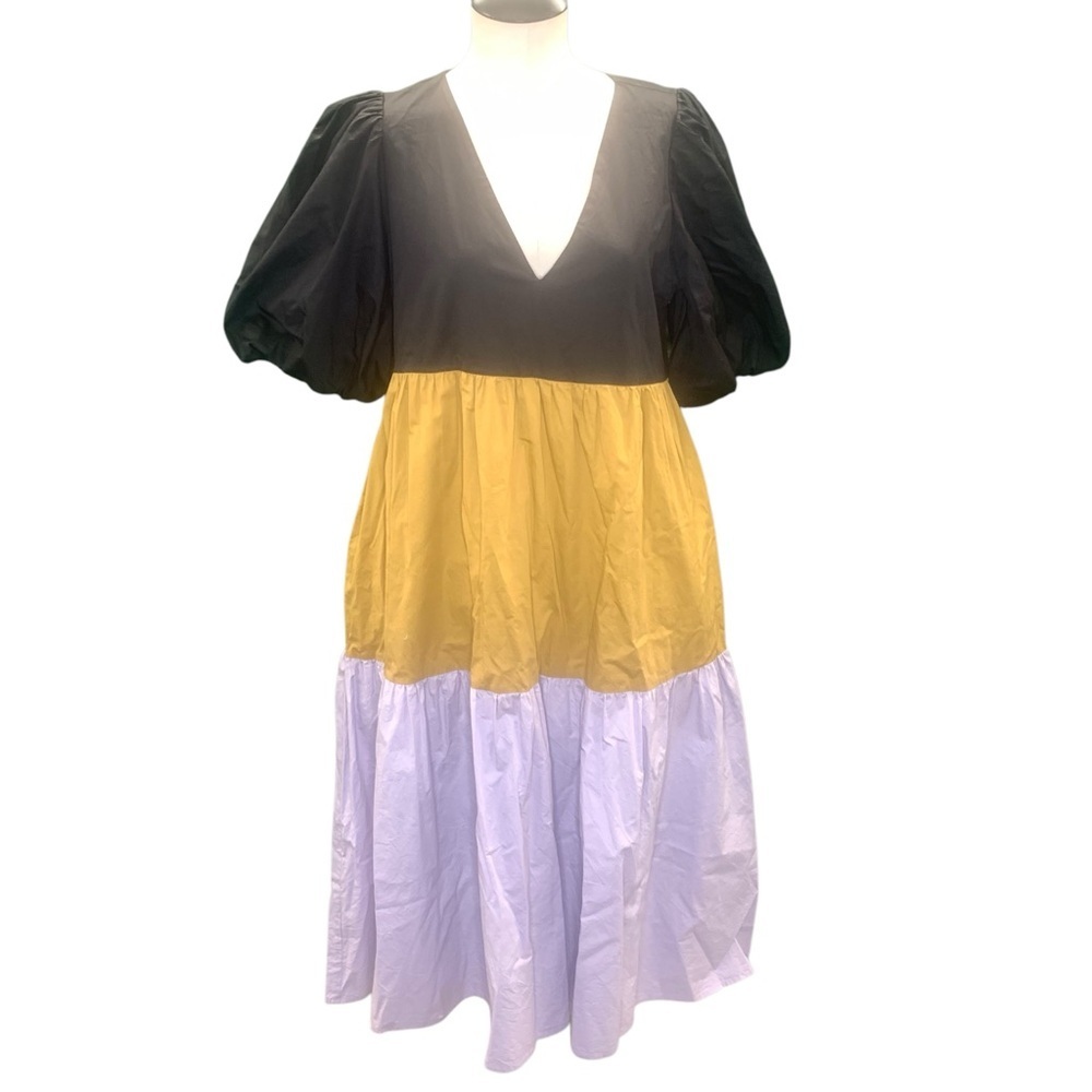 CROSBY BY MOLLIE BURCH Colorblock Tiered Puff Sleeve Midi Dress Size M